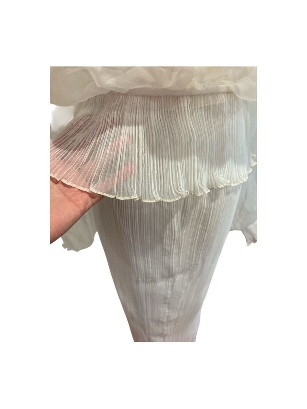 60s 2PC MAXI ETHEREAL WHITE DRESS W LACE BODICE MICRO PLEAT SKIRT & JACKET - Picture 9 of 17